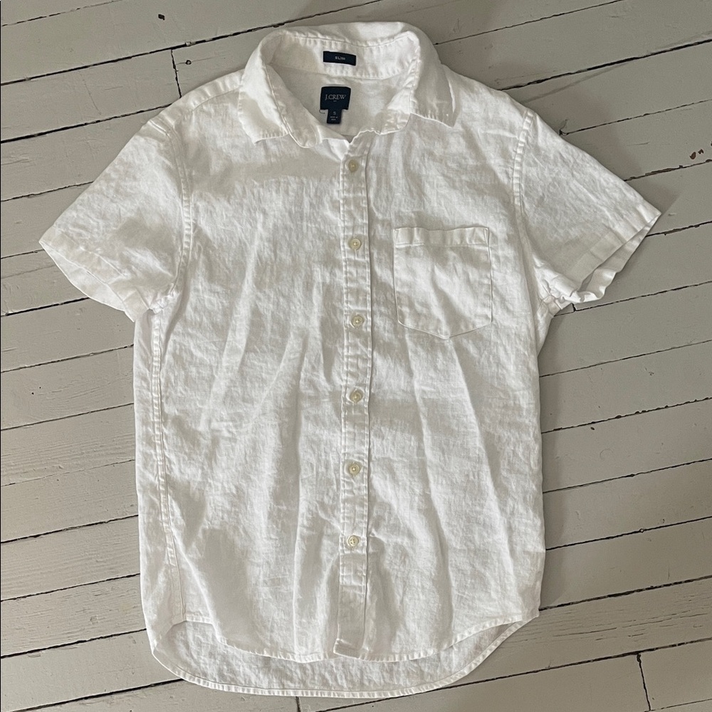 J. Crew White Casual Button Down Shirt, Linen and Cotton Blend